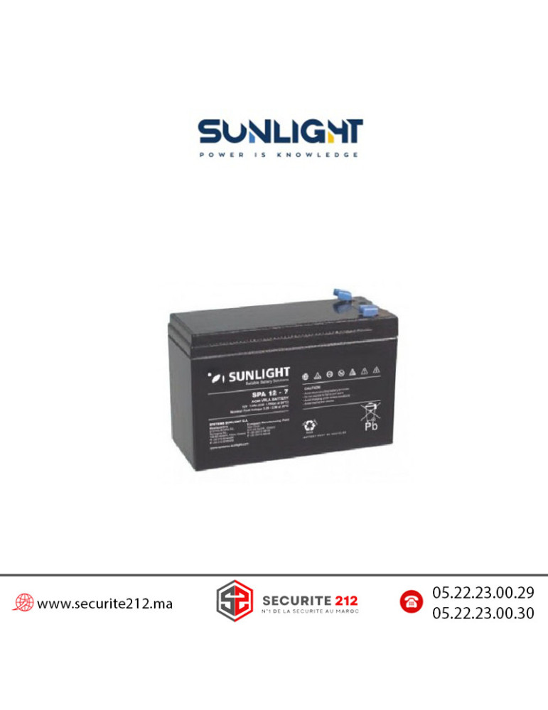 Batterie SUNLIGHT 12V 7AH SPA étanche VRLA AGM Casablanca Maroc