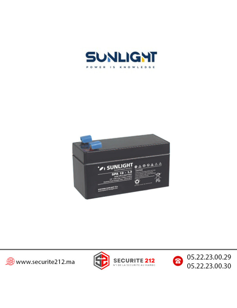 Batterie SUNLIGHT 12V 1,3AH SPA étanche VRLA AGM Casablanca Maroc